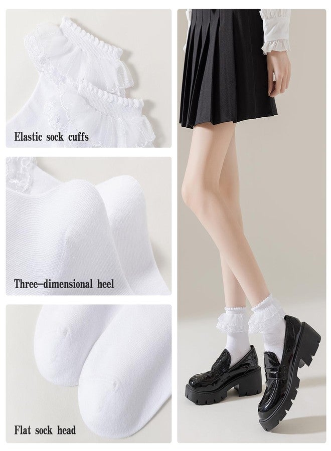 AMHRLINGTO Lace Ruffle Frilly Ankle Socks for Women - Cotton Socks Stylish Cute Lace Socks (Cotton, White-3 Pairs) - Image 3